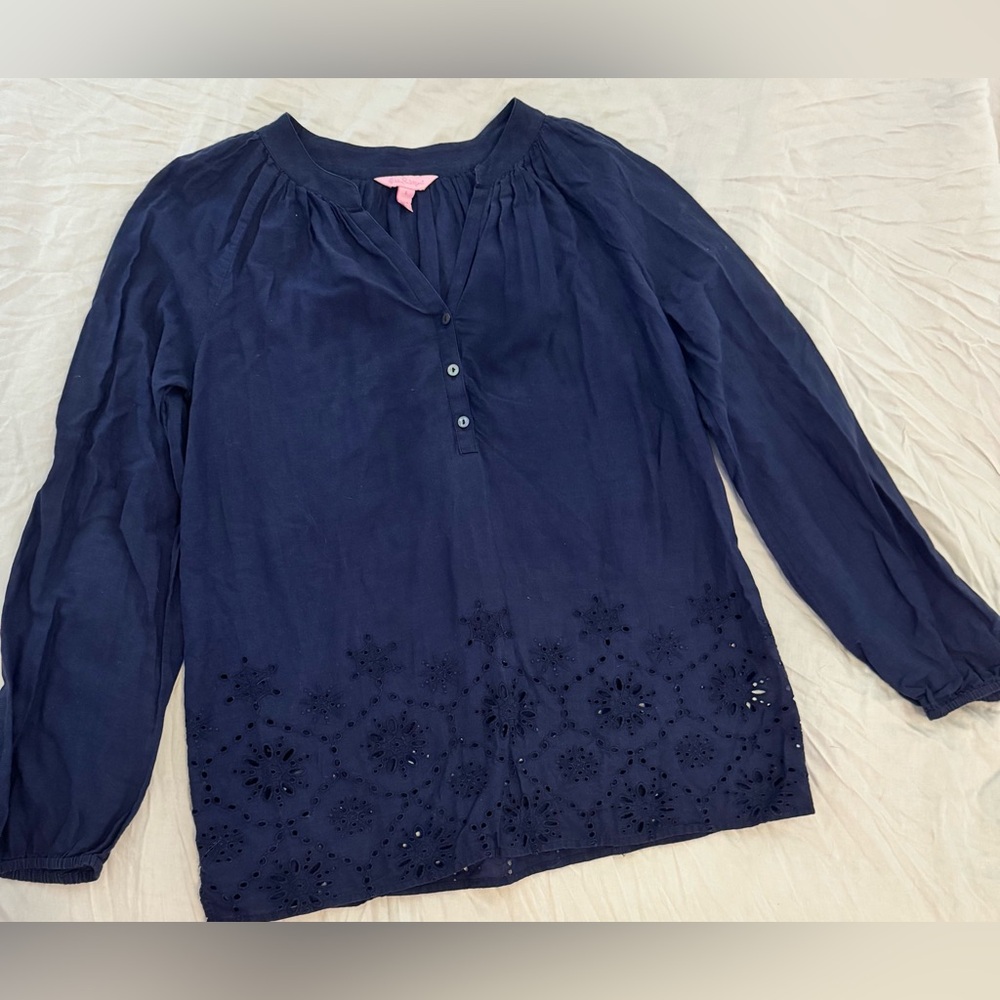 Lily Pulitzer Elsa Navy Blue Embroidery Blouse